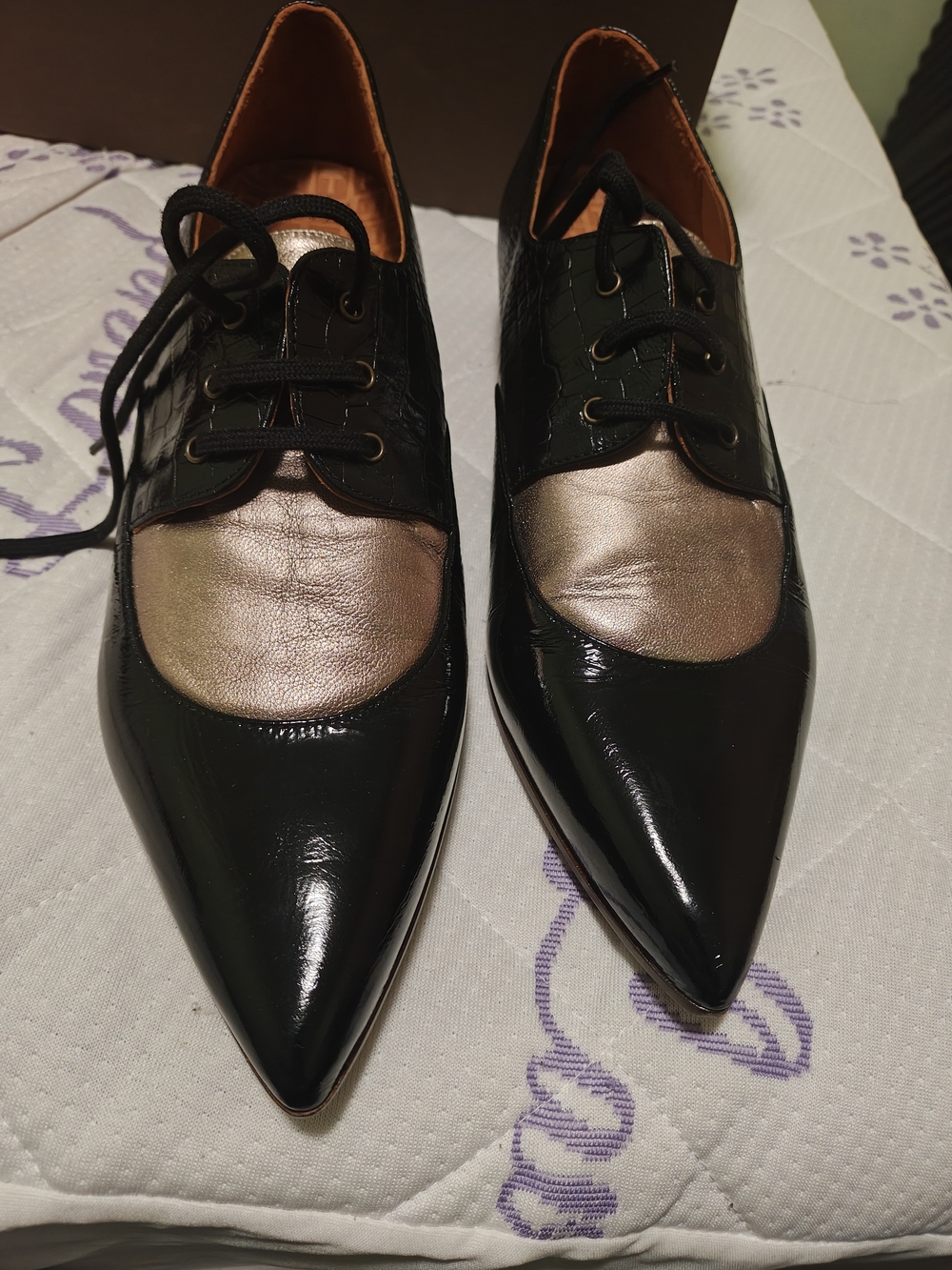 Chie Mihara Black and Metallic Bronze Pointed Lace-Up Moccasins